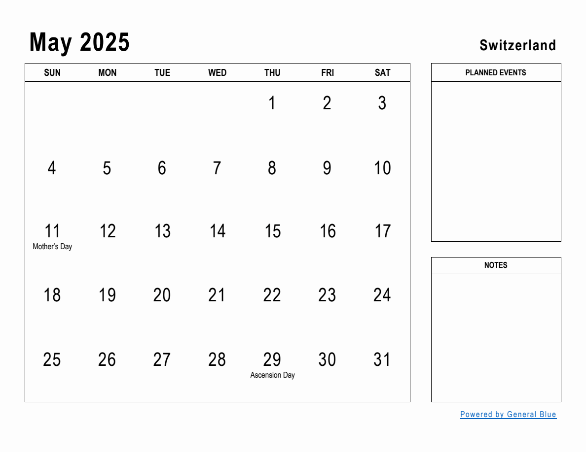 May 2025 Planner with Switzerland Holidays