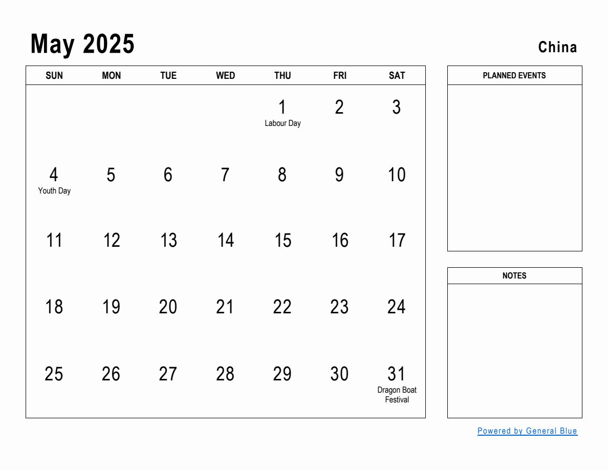 May 2025 Planner with China Holidays