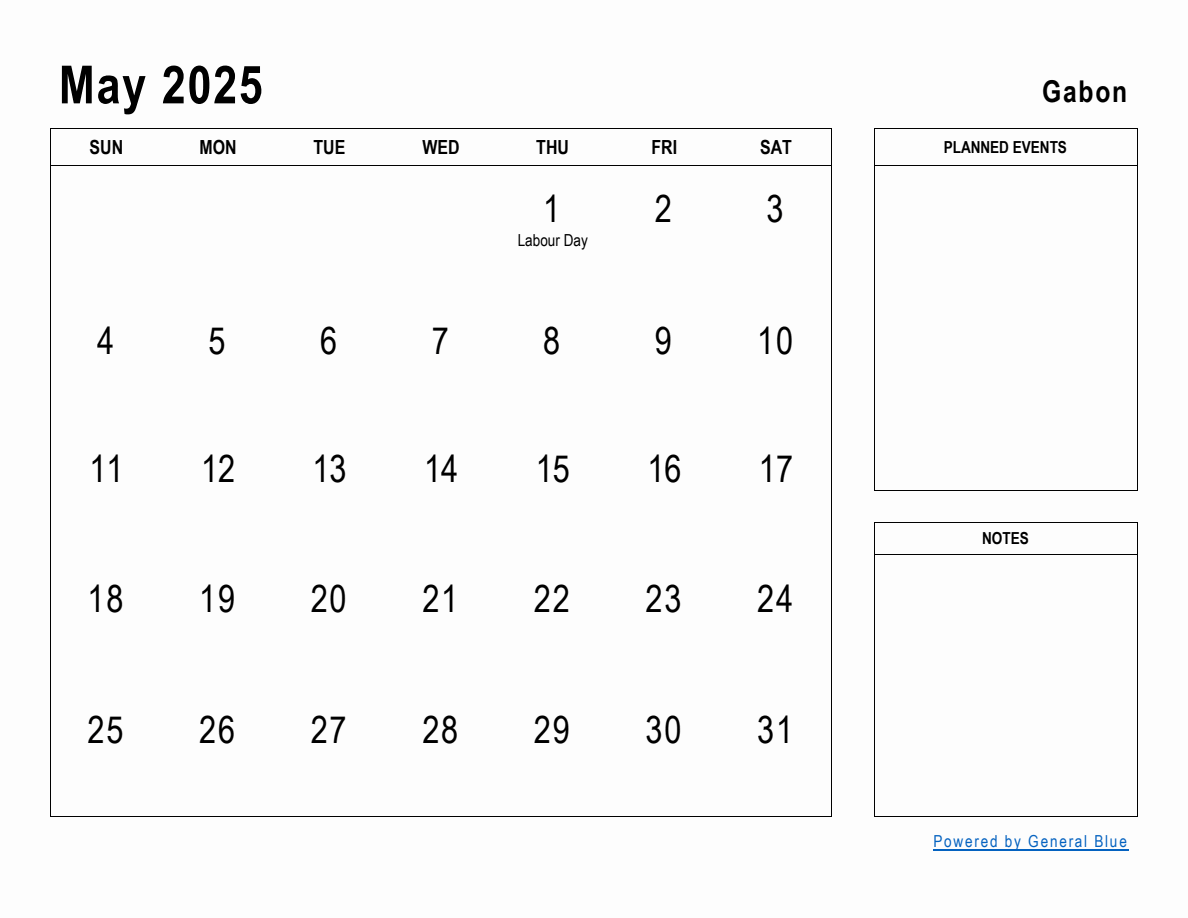 May 2025 Planner with Gabon Holidays