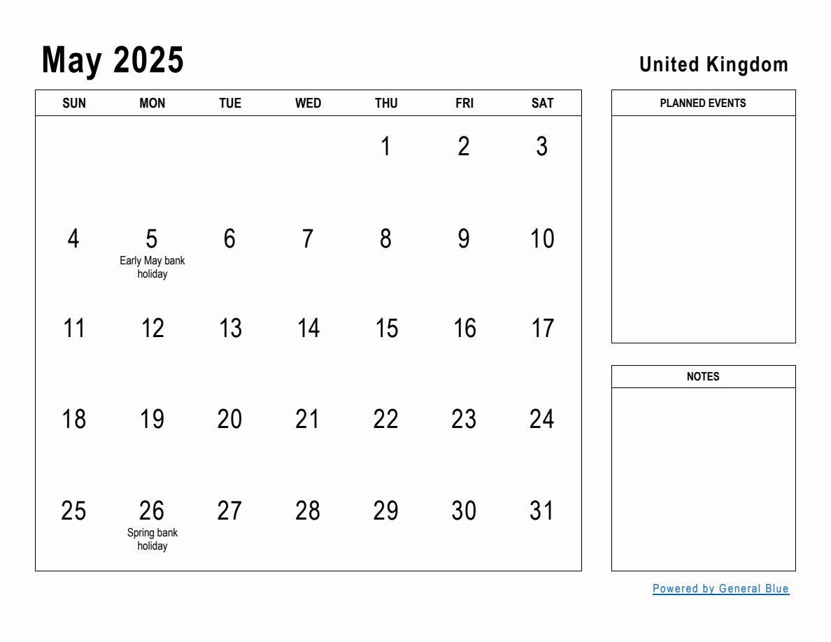 May 2025 Planner with United Kingdom Holidays