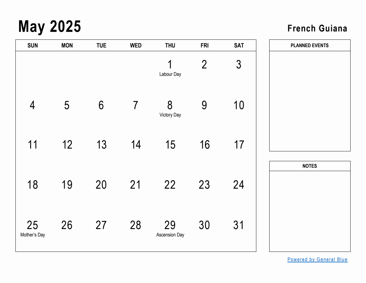 May 2025 Planner with French Guiana Holidays