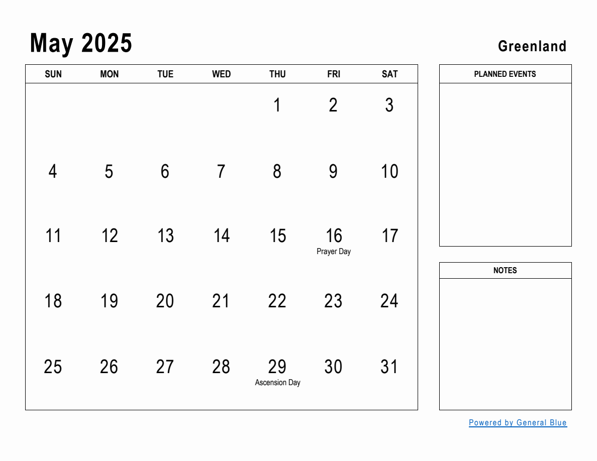 May 2025 Planner with Greenland Holidays