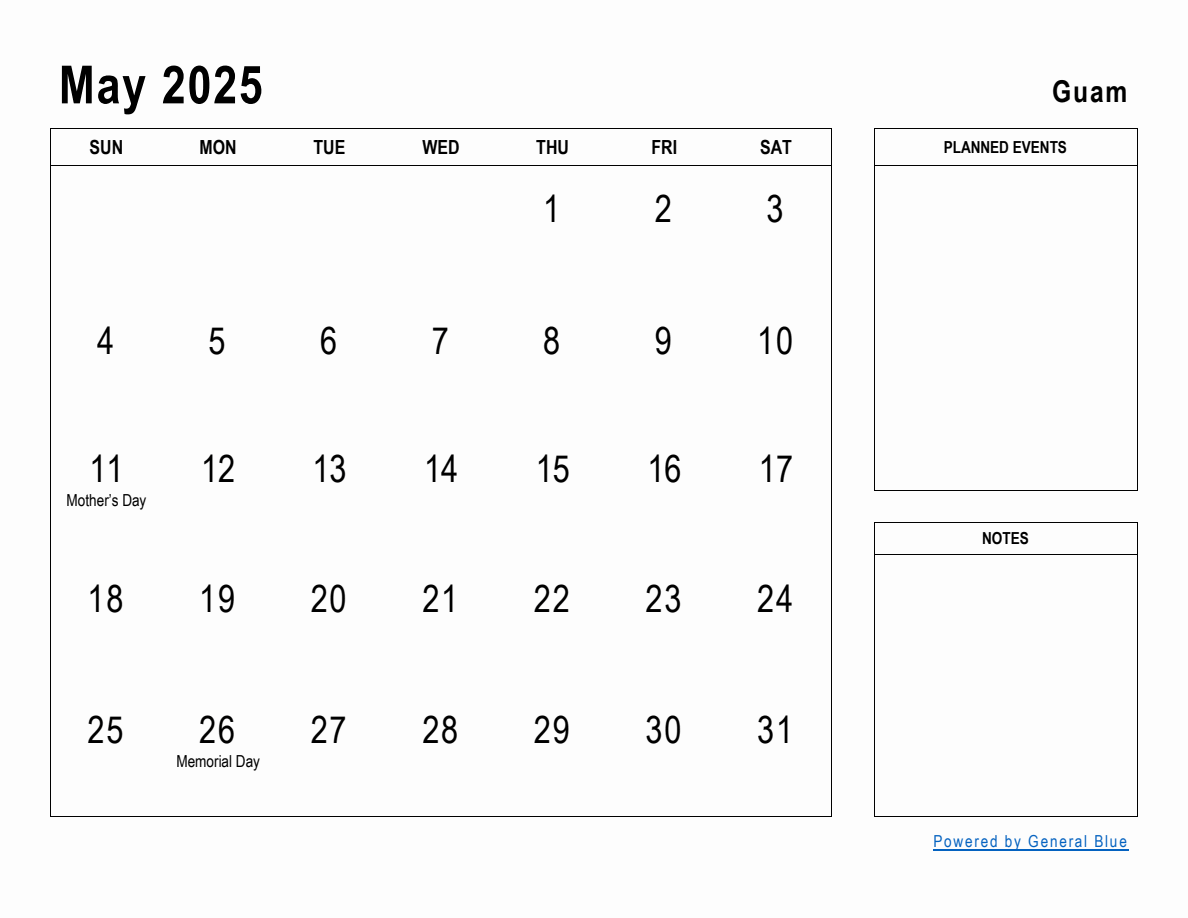 May 2025 Planner with Guam Holidays