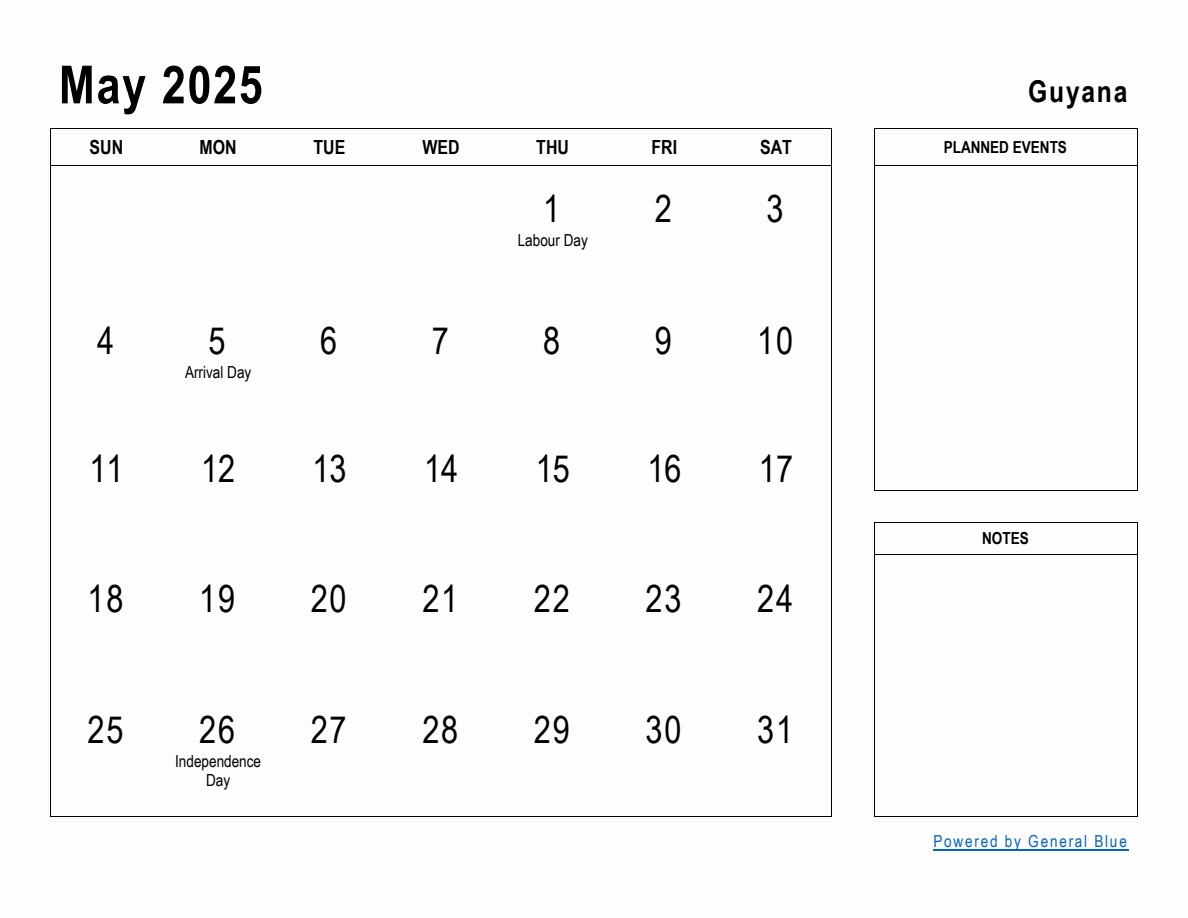 May 2025 Planner with Guyana Holidays