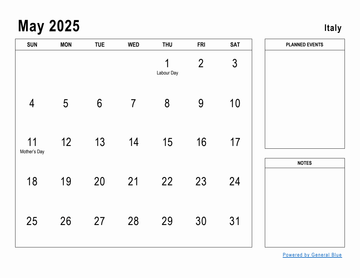 May 2025 Planner with Italy Holidays