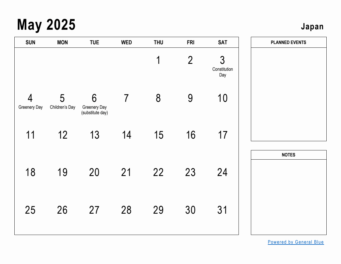 May 2025 Planner with Japan Holidays