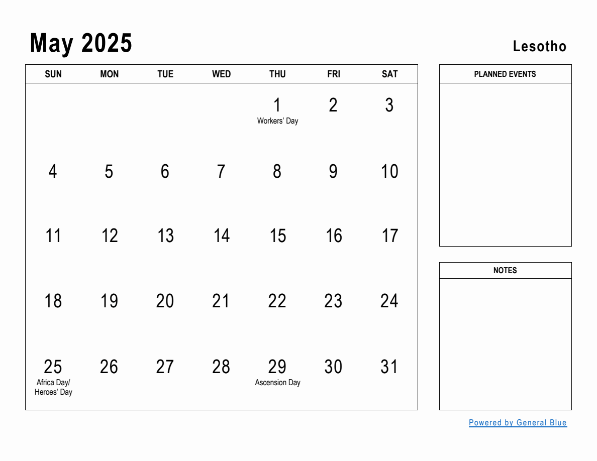 May 2025 Planner with Lesotho Holidays