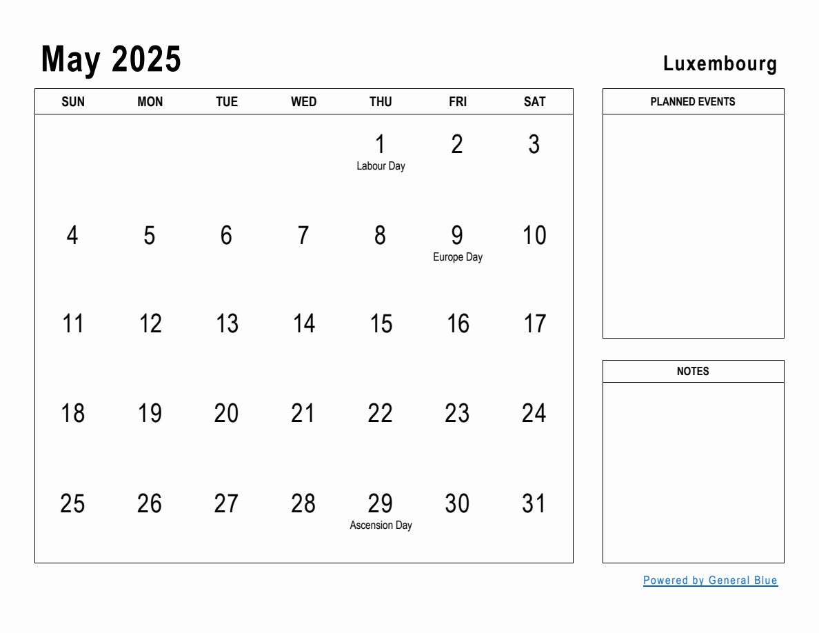 May 2025 Planner with Luxembourg Holidays