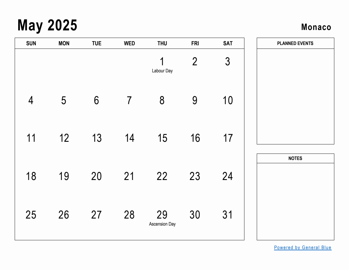 May 2025 Planner with Monaco Holidays