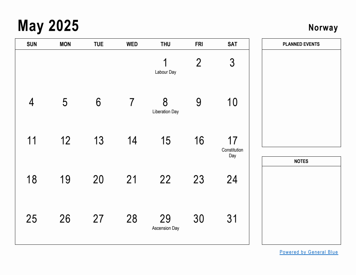 May 2025 Planner with Norway Holidays