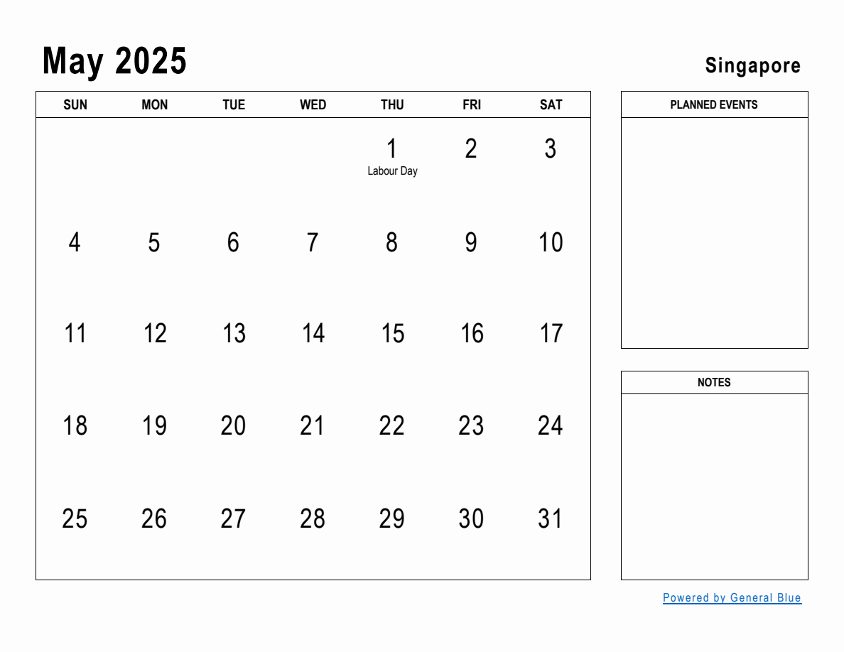 May 2025 Planner with Singapore Holidays