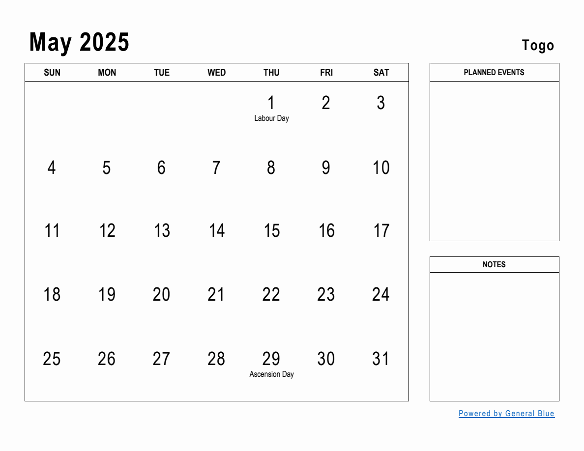 May 2025 Planner with Togo Holidays