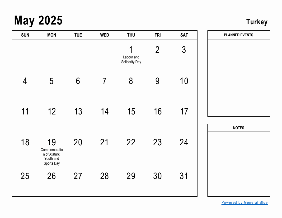 May 2025 Planner with Turkey Holidays