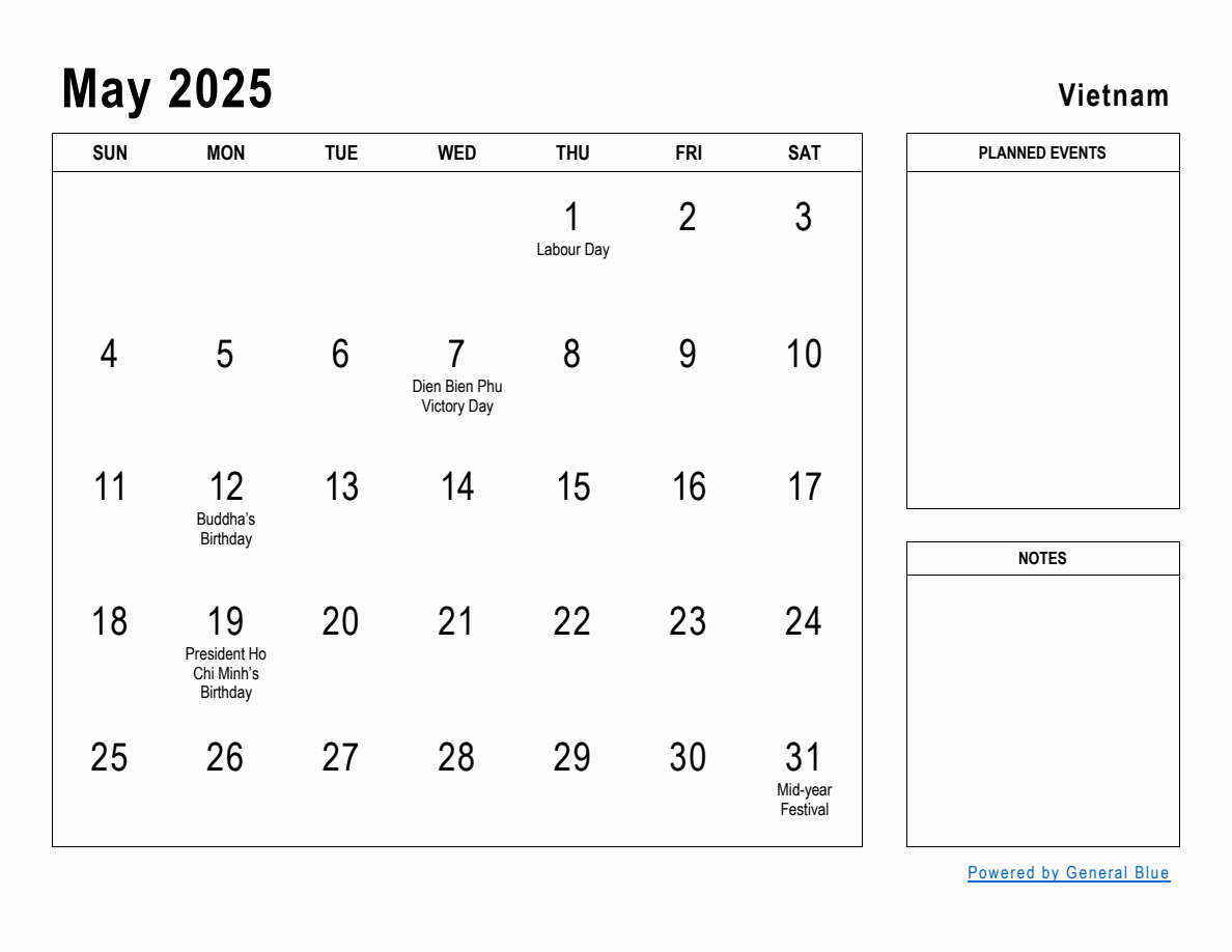 May 2025 Planner with Vietnam Holidays