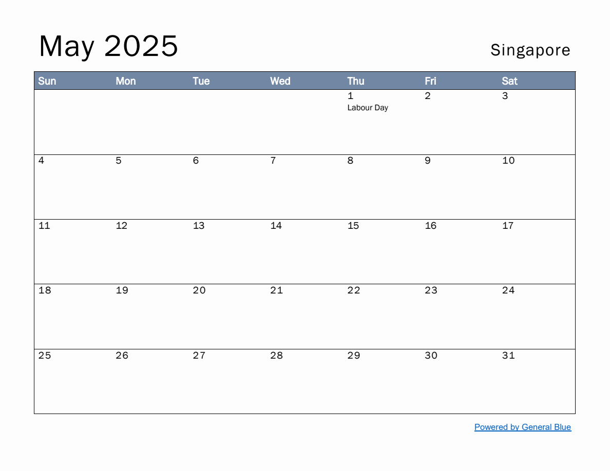 Free Monthly Calendar Template for May 2025 with Singapore Holidays