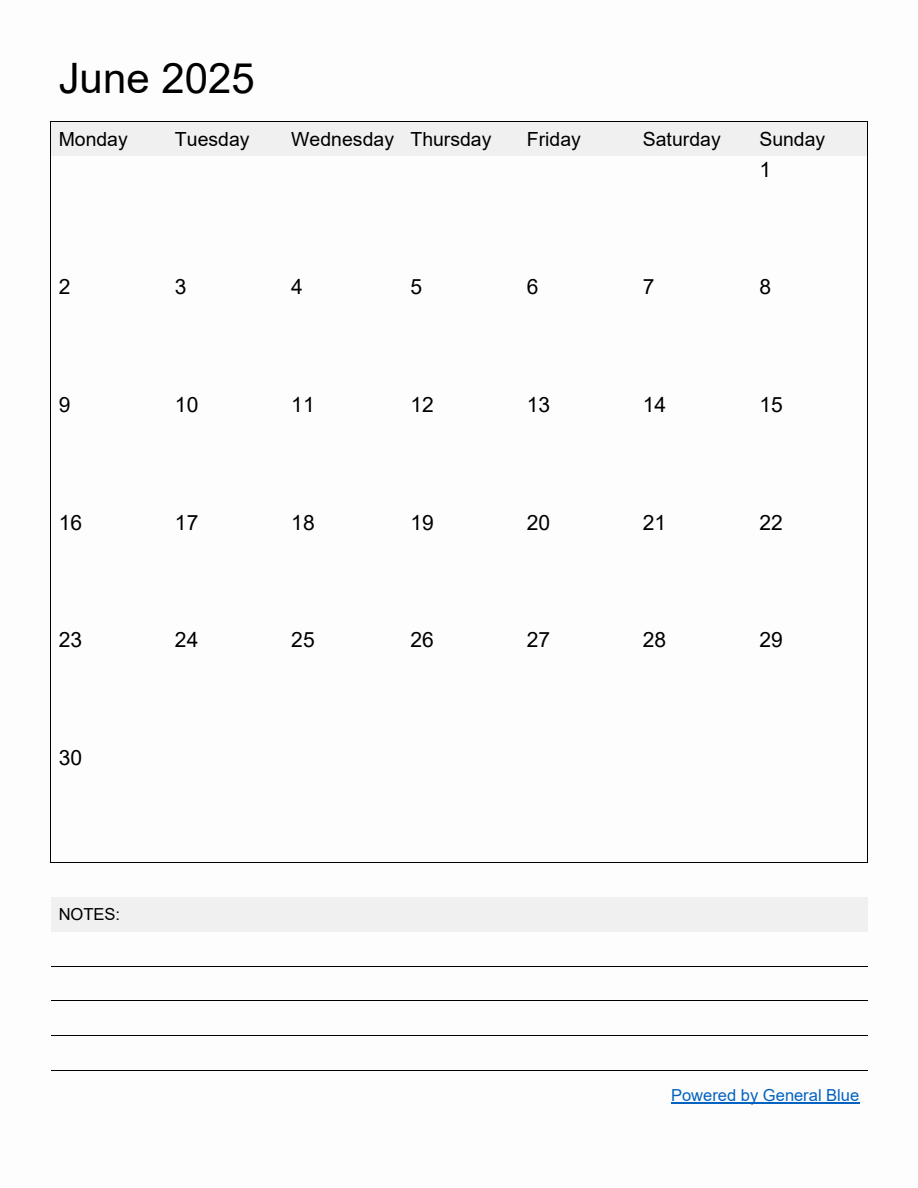 Free Printable Monthly Calendar for June 2025