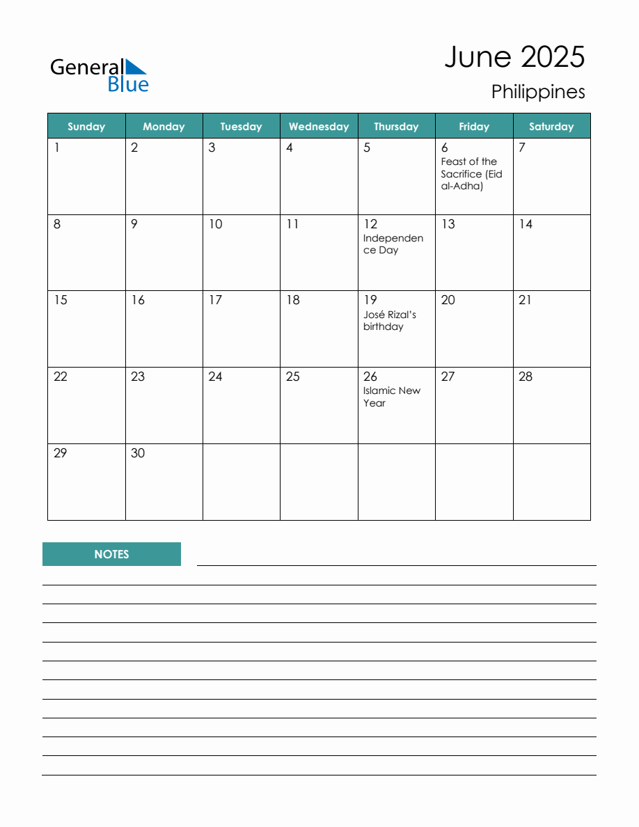 Monthly Calendar Planner with Philippines Holidays June 2025