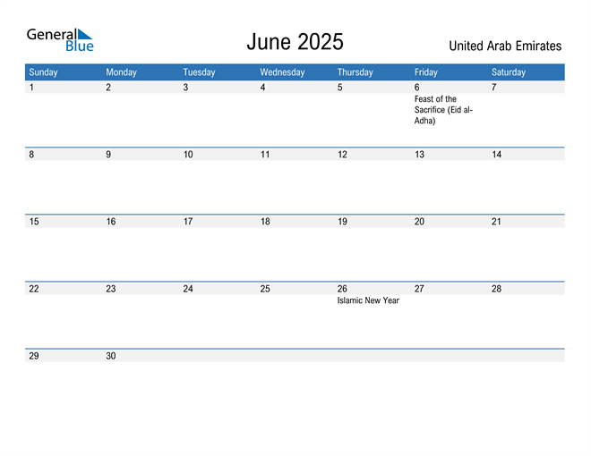 United Arab Emirates June 2025 Calendar with Holidays