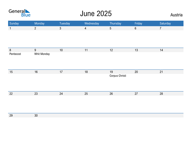 Austria June 2025 Calendar with Holidays