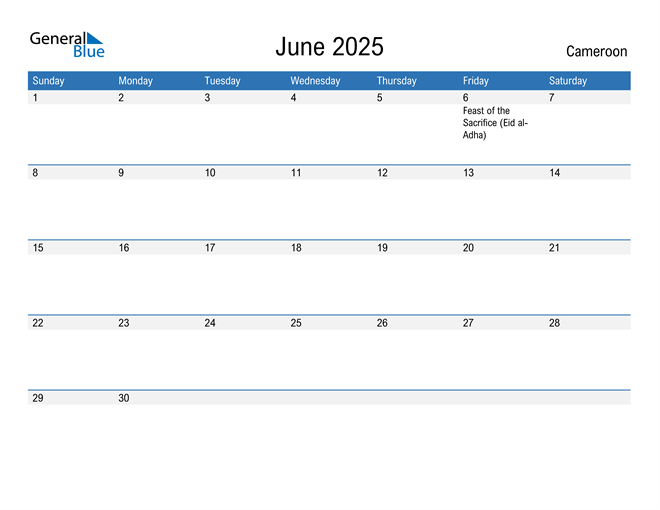 June 2025 Calendar with Cameroon Holidays