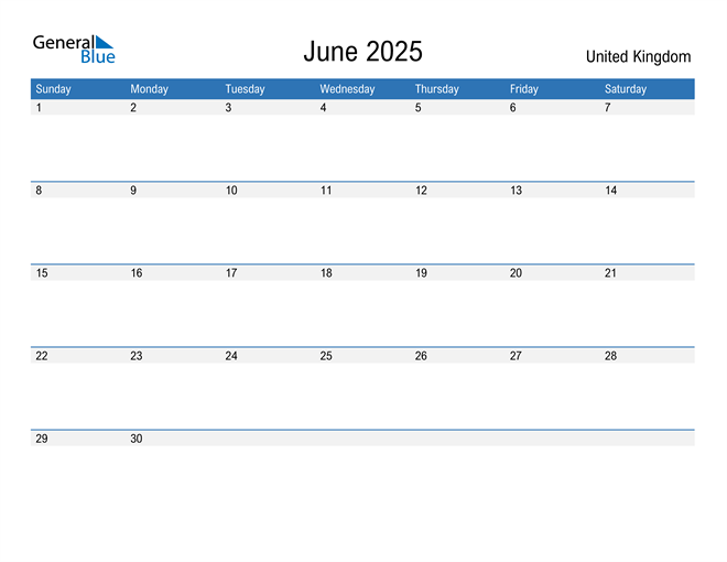 United Kingdom June 2025 Calendar with Holidays