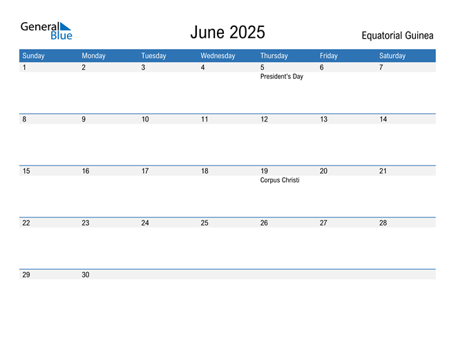 Equatorial Guinea June 2025 Calendar with Holidays