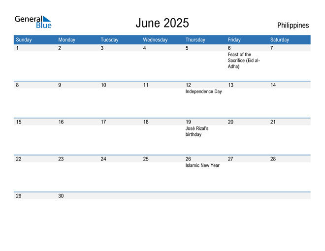 Philippines June 2025 Calendar with Holidays