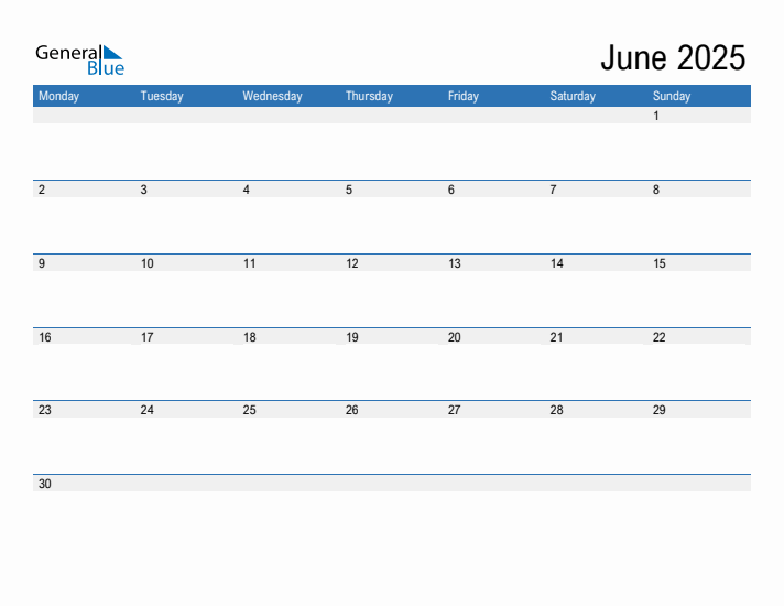 Fillable Calendar for June 2025