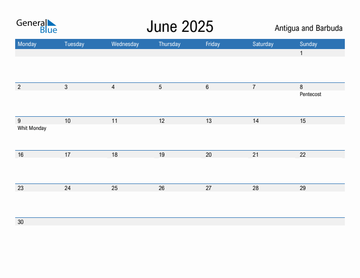 Editable June 2025 Calendar with Antigua and Barbuda Holidays