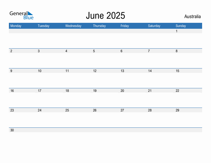 Editable June 2025 Calendar with Australia Holidays