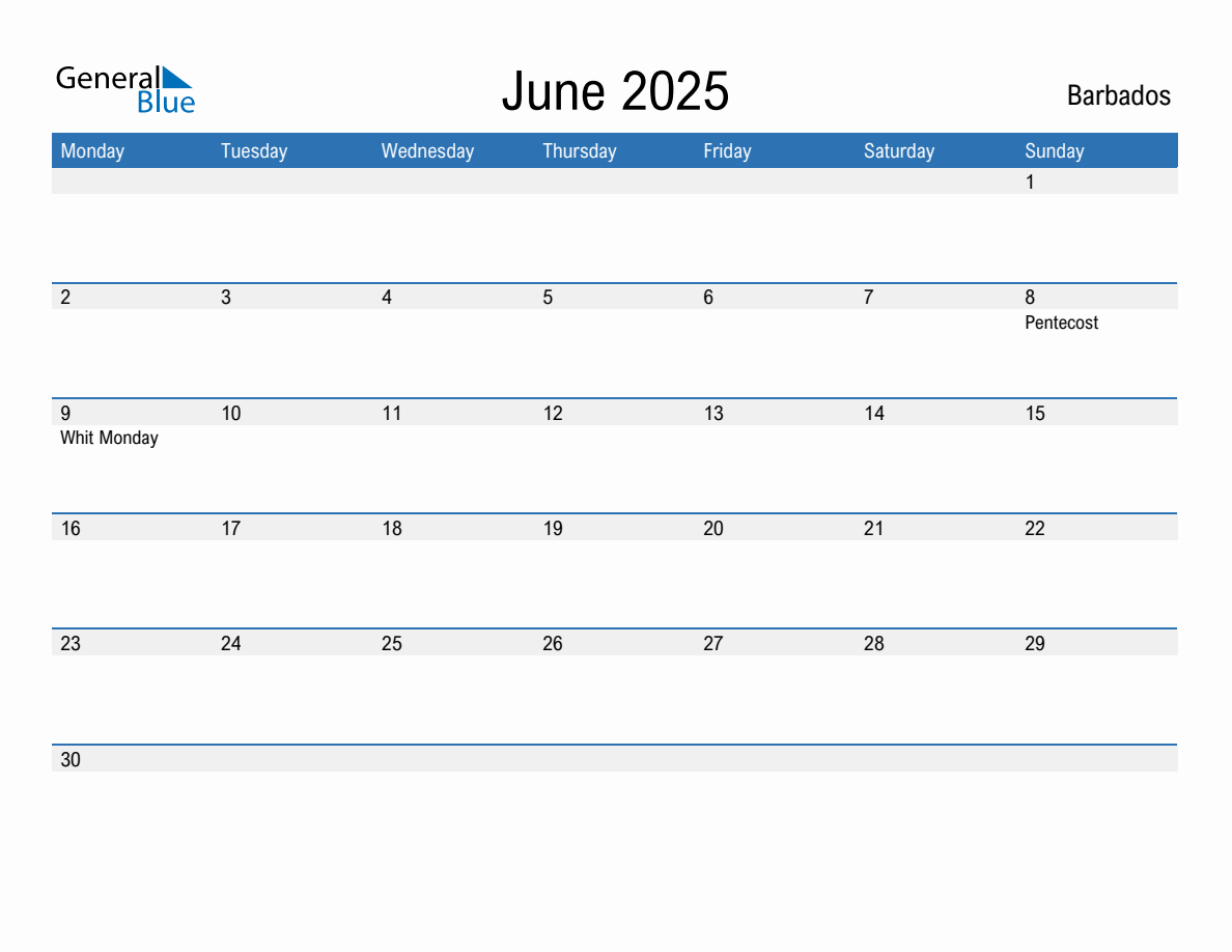 Editable June 2025 Calendar with Barbados Holidays