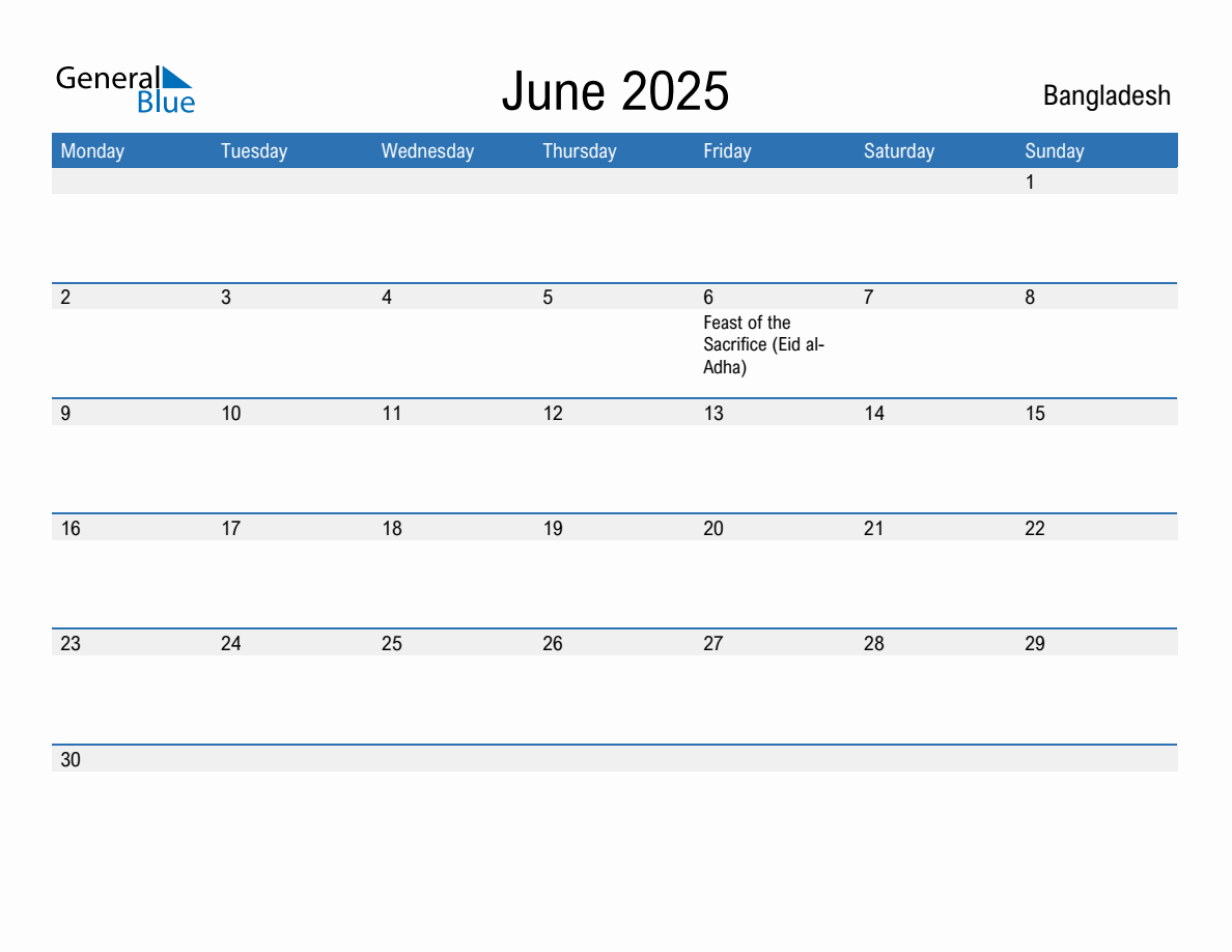 Editable June 2025 Calendar with Bangladesh Holidays