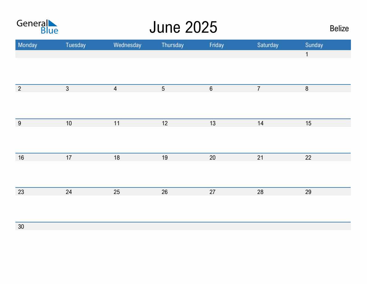 Editable June 2025 Calendar with Belize Holidays