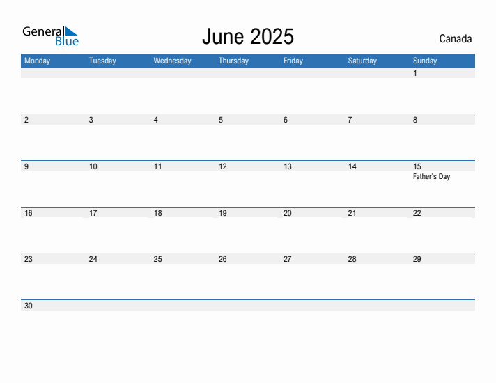 Editable June 2025 Calendar with Canada Holidays