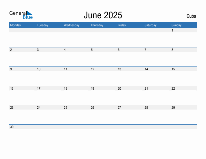 Editable June 2025 Calendar with Cuba Holidays