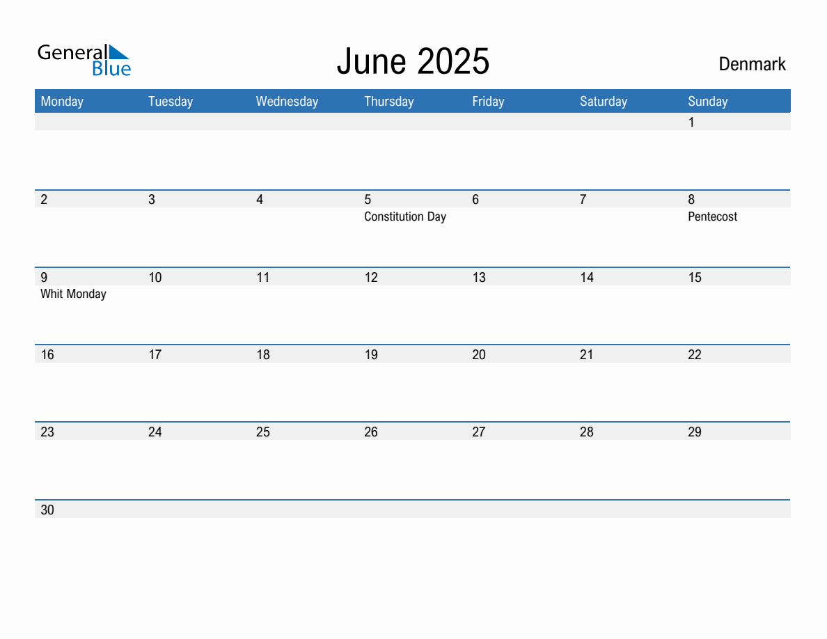 Editable June 2025 Calendar with Denmark Holidays