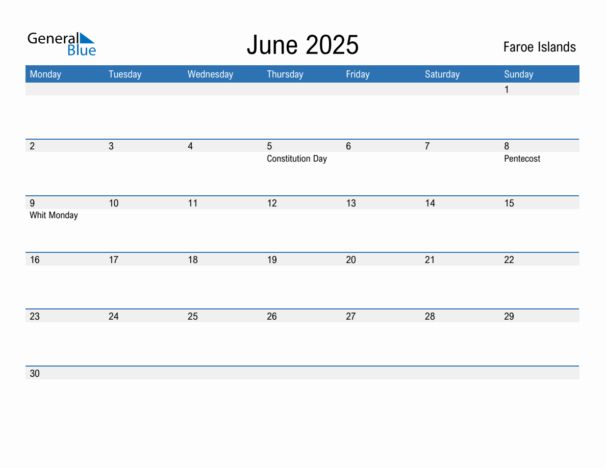 Editable June 2025 Calendar with Faroe Islands Holidays