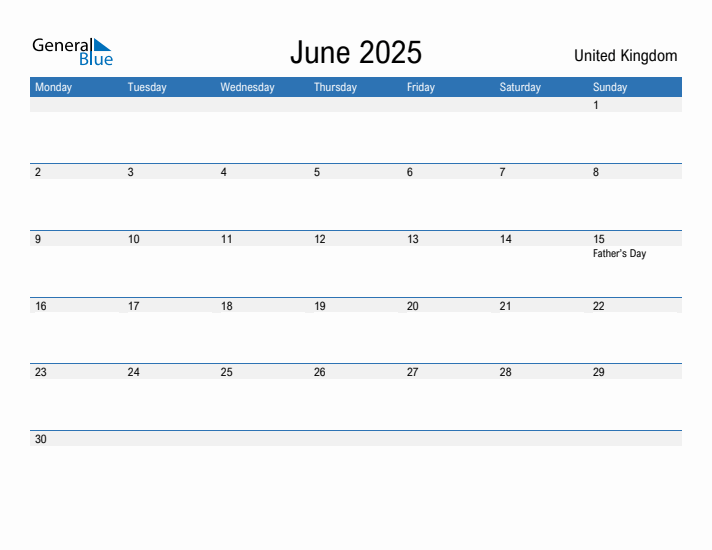 Editable June 2025 Calendar with United Kingdom Holidays