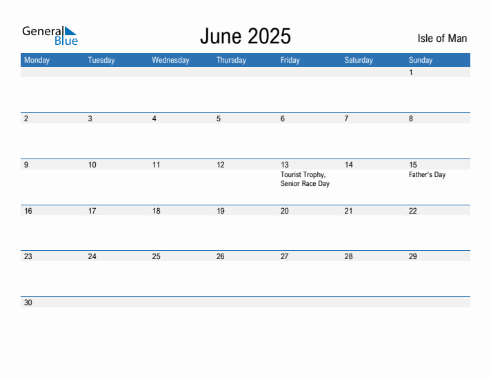 Editable June 2025 Calendar with Isle of Man Holidays