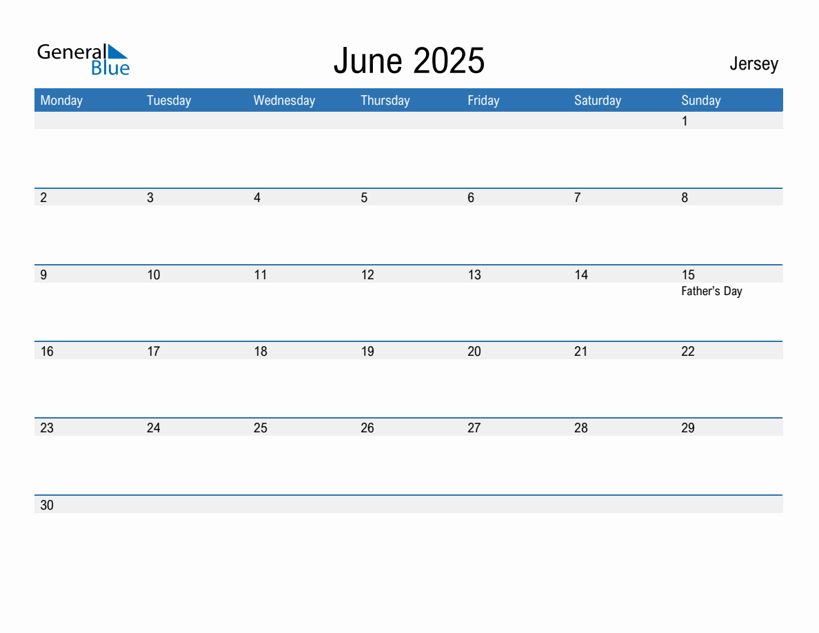 Editable June 2025 Calendar with Jersey Holidays