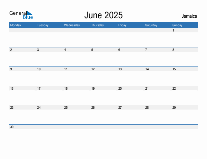 Editable June 2025 Calendar with Jamaica Holidays