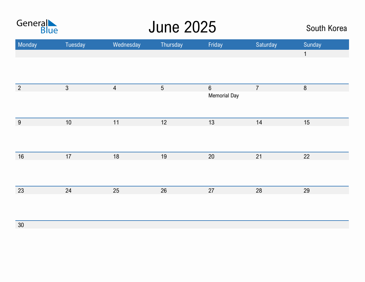 Editable June 2025 Calendar with South Korea Holidays