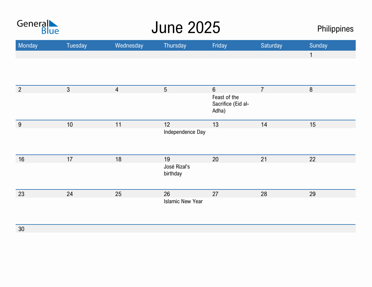 Editable June 2025 Calendar with Philippines Holidays