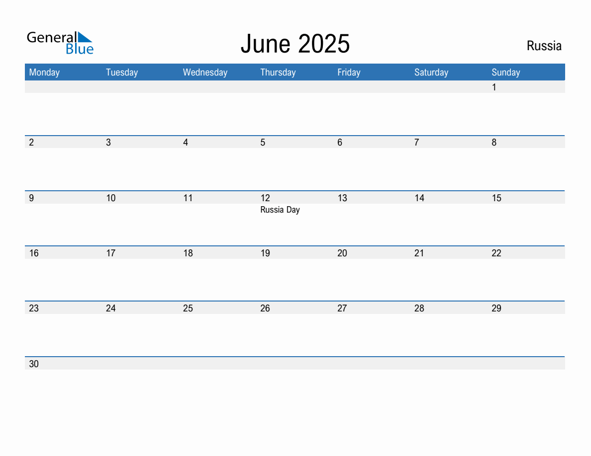 Editable June 2025 Calendar with Russia Holidays