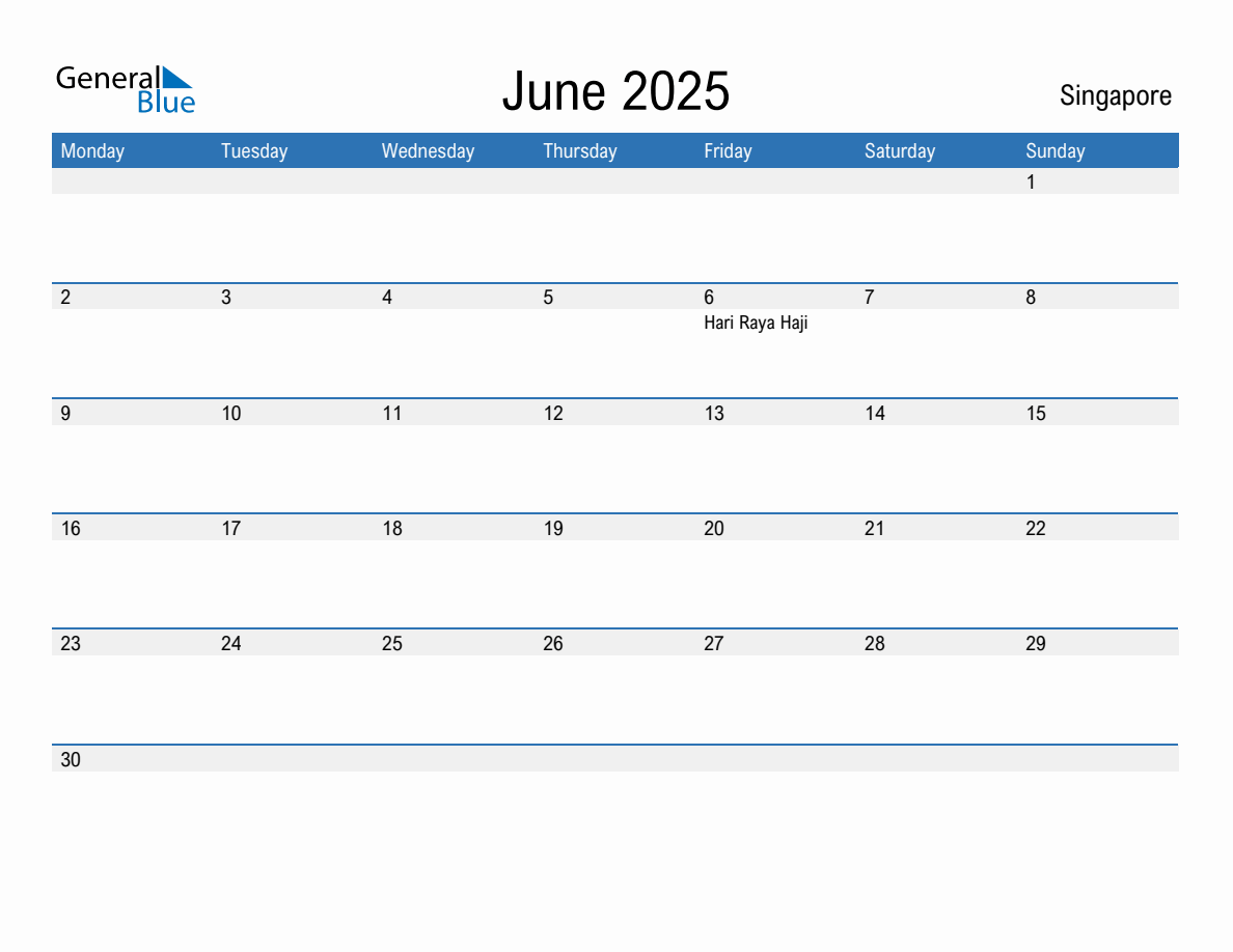 Editable June 2025 Calendar with Singapore Holidays