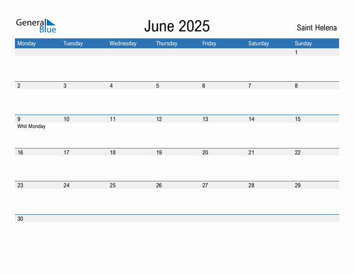 Editable June 2025 Calendar with Saint Helena Holidays