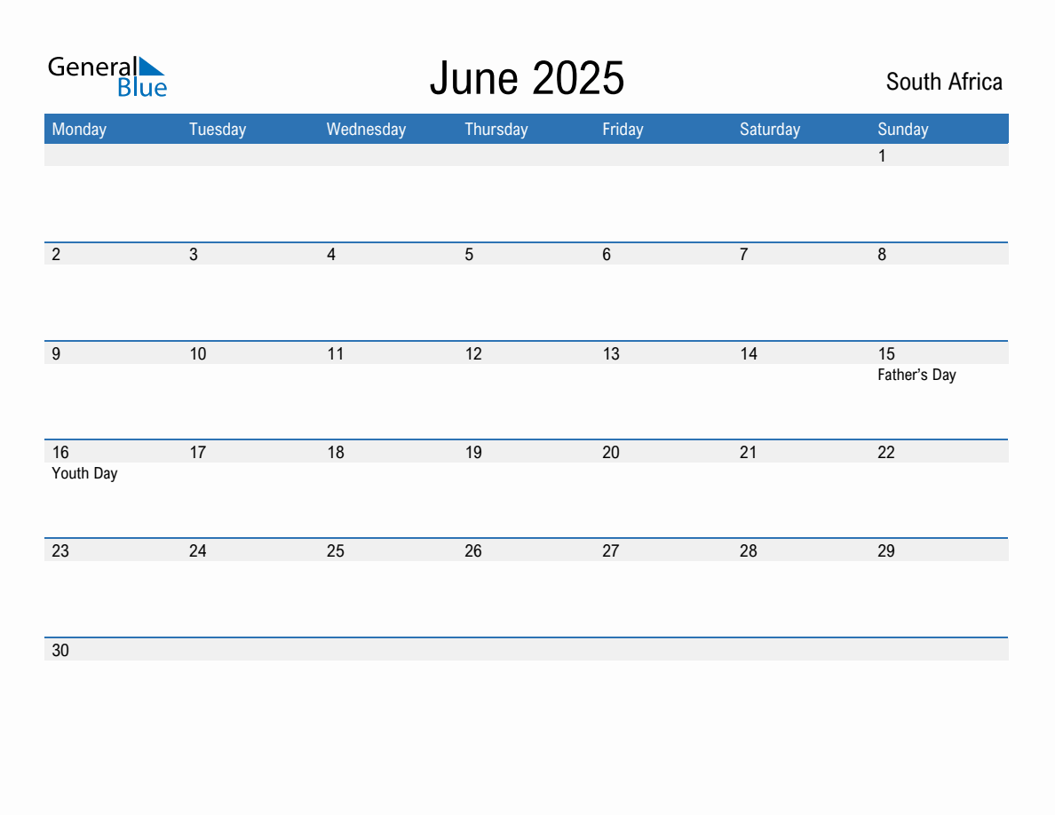 Editable June 2025 Calendar with South Africa Holidays