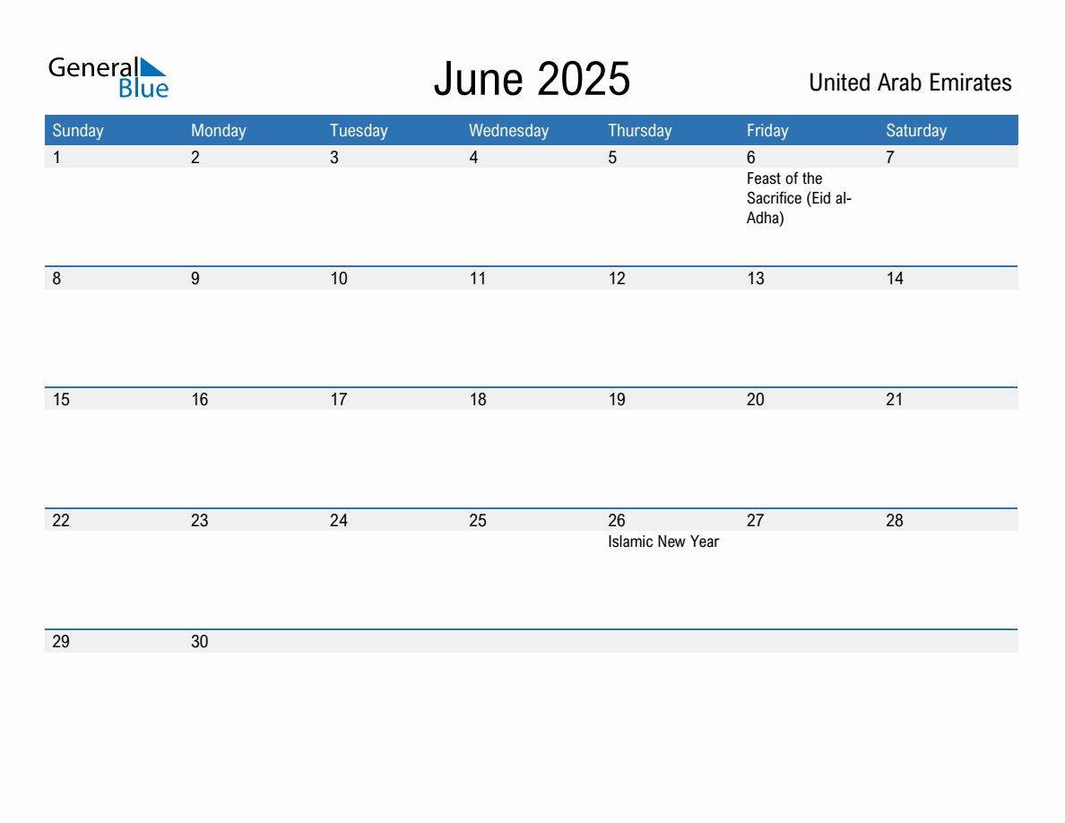 June 2025 Monthly Calendar with United Arab Emirates Holidays