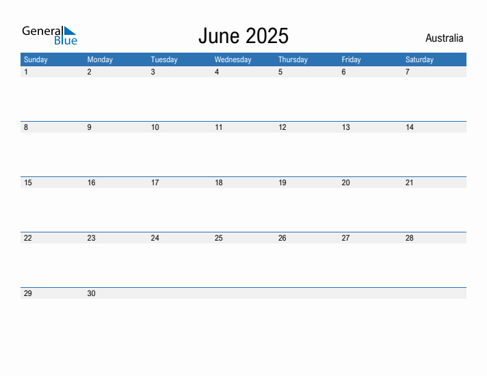 June 2025 Monthly Calendar with Australia Holidays