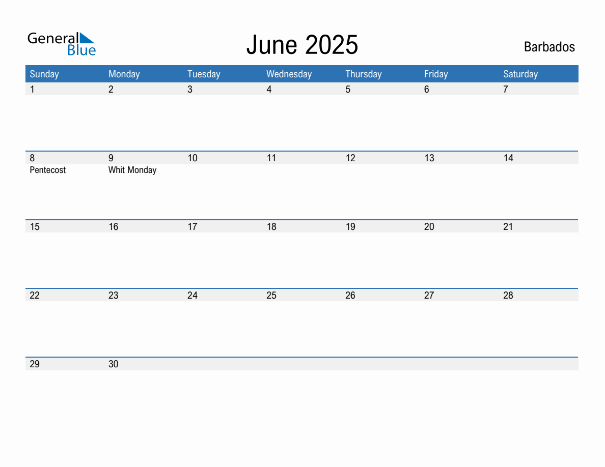 Editable June 2025 Calendar with Barbados Holidays